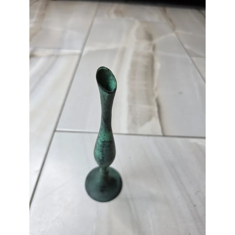 Vintage MCM Brutalist Miniature Bud Vase Green Verdigris Patina Metal 6.75 in A2